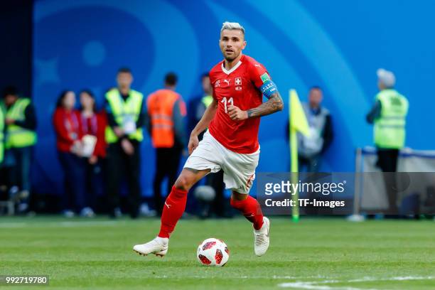 Valon Behrami of Switzerland controls the ball during the 2018 FIFA World Cup Russia Round of 16 match between Sweden and Switzerland at Saint...