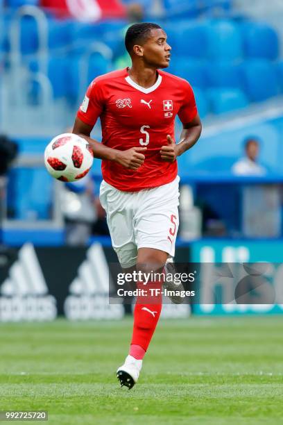 Manuel Akanji of Switzerland controls the ball during the 2018 FIFA World Cup Russia Round of 16 match between Sweden and Switzerland at Saint...