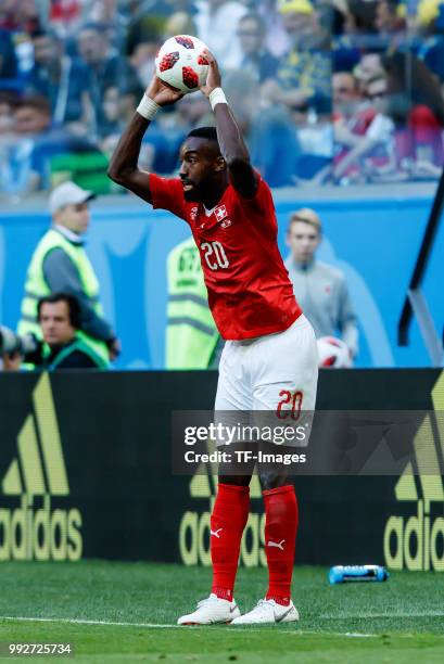 Johan Djourou of Switzerland controls the ball during the 2018 FIFA World Cup Russia Round of 16 match between Sweden and Switzerland at Saint...