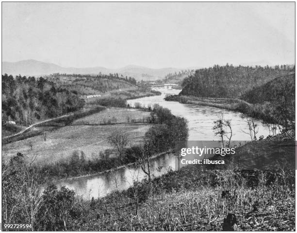 antique photograph of america's famous landscapes: french broad river, asheville - asheville stock illustrations