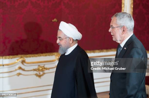 Austrian President Alexander van der Bellen and Iranian President Hassan Rouhani arrive at Hofburg Palace on July 4, 2018 in Vienna, Austria. Rouhani...