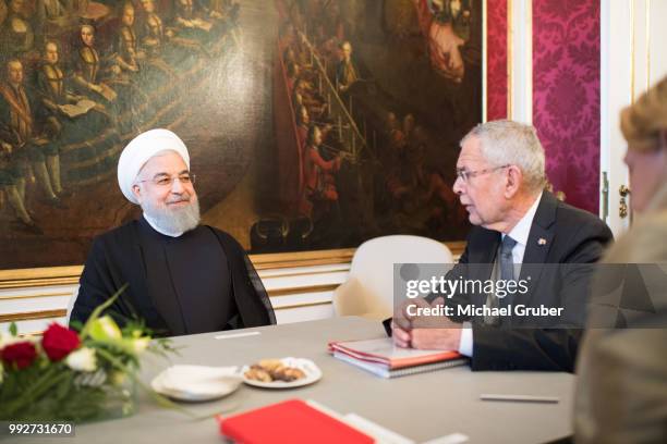 Austrian President Alexander van der Bellen and Iranian President Hassan Rouhani hold a meeting at Hofburg Palace on July 4, 2018 in Vienna, Austria....