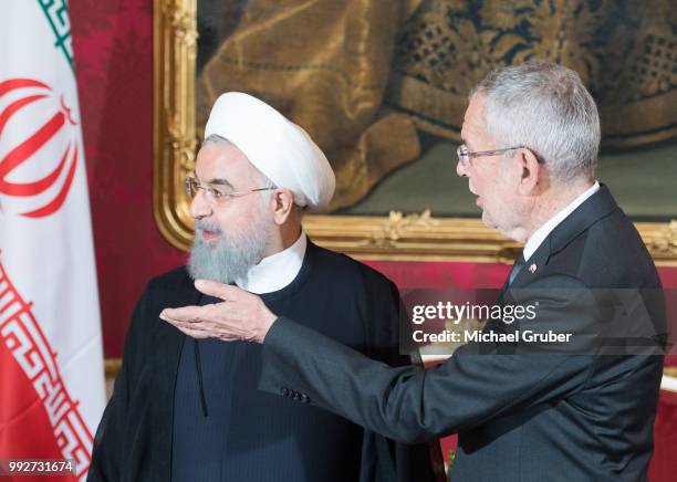 Austrian President Alexander van der Bellen and Iranian President Hassan Rouhani prior their meeting at Hofburg Palace on July 4, 2018 in Vienna,...