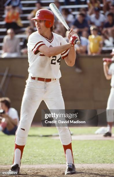 Future NFL quarterback John Elway of Stanford University at bat during an NCAA baseball game against USC in April 1980 at Sunken Diamond stadium in...