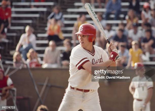 Future NFL quarterback John Elway of Stanford University at bat during an NCAA baseball game against USC in April 1980 at Sunken Diamond stadium in...