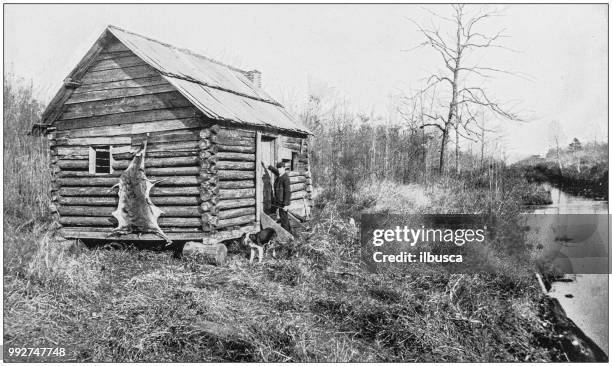 antique photograph of america's famous landscapes: hunter's cabin, canal, dismal swamp - cabin stock illustrations