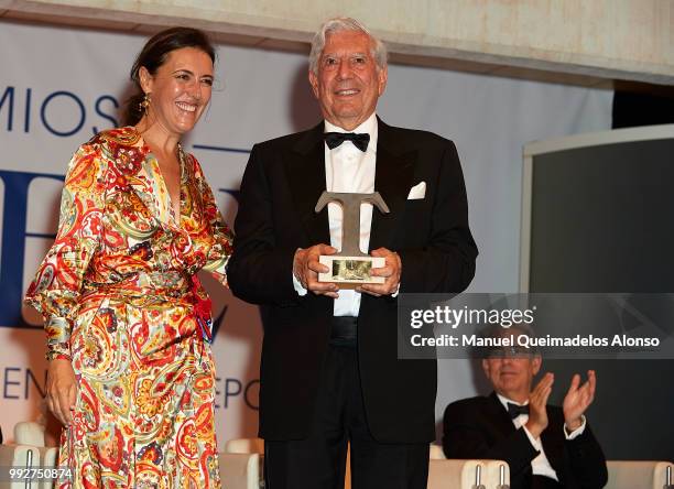 Mario Vargas Llosa and Telva magazine Director Olga Ruiz attend Arts, Sciences and Sports Telva Awards 2018 at Palau de Les Arts Reina Sofia on July...