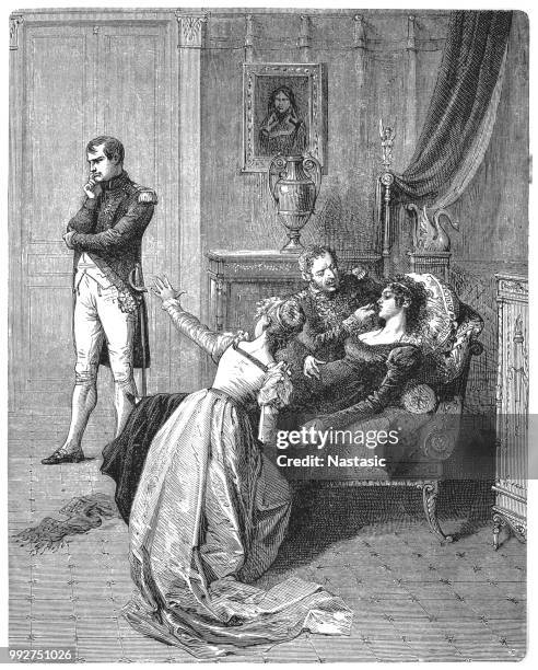 napoleon tells josephine he is going to divorce her for dynastic reasons : he wants a son, so it's a case of 'not tonight, josephine, nor any other night !' she faints - bride stock illustrations