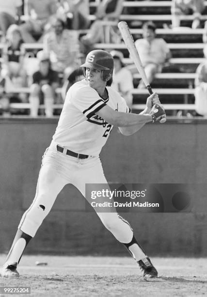 Future NFL quarterback John Elway of Stanford University at bat during an NCAA baseball game against USC in April 1980 at Sunken Diamond stadium in...