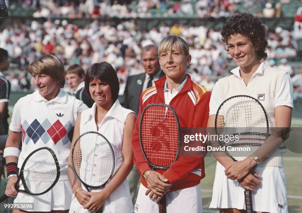 Wendy Turnbull, Rosie Casals, Martina Navratilova and Pam Shriver pose for a picture before the Women's Doubles Final at the Wimbledon Lawn Tennis...