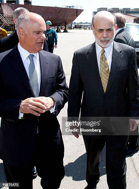 Charles Pizzi, president and chief executive officer of Tasty Baking Co., left, and Ben S. Bernanke, chairman of the U.S. Federal Reserve, tour the...
