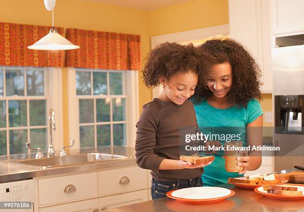 making peanut butter sandwiches - peanut butter and jelly sandwich on plate stock pictures, royalty-free photos & images