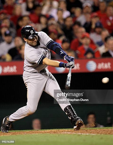 Shortstop Derek Jeter of the New York Yankees bats against the Los Angeles Angels of Anaheim on April 23, 2010 at Angel Stadium in Anaheim,...