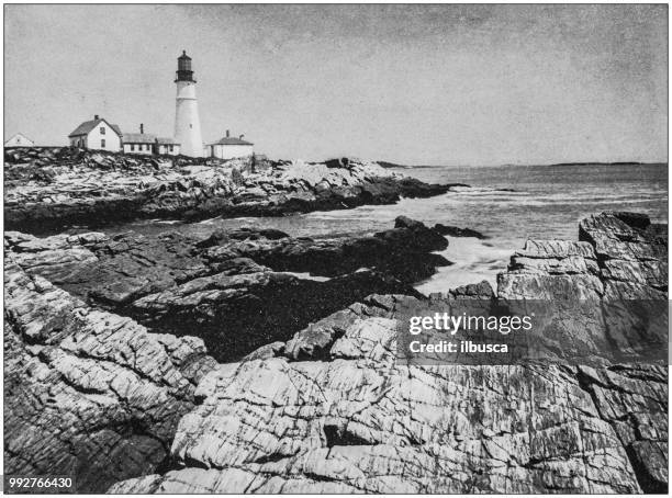 antikes foto des berühmten landschaften amerikas: leuchtturm, portland, maine - portland maine stock-grafiken, -clipart, -cartoons und -symbole