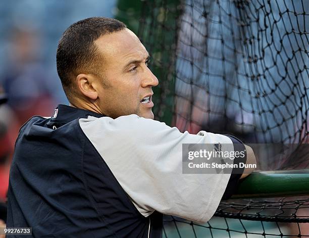 Shortstop Derek Jeter of the New York Yankees warms up for the game with the Los Angeles Angels of Anaheim on April 23, 2010 at Angel Stadium in...