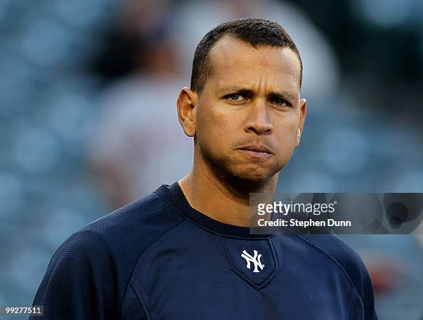 Alex Rodriguez of the New York Yankees warms up for the game with the Los Angeles Angels of Anaheim on April 23, 2010 at Angel Stadium in Anaheim,...