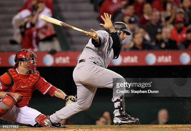 Jorge Posada of the New York Yankees bats against the Los Angeles Angels of Anaheim on April 23, 2010 at Angel Stadium in Anaheim, California. The...