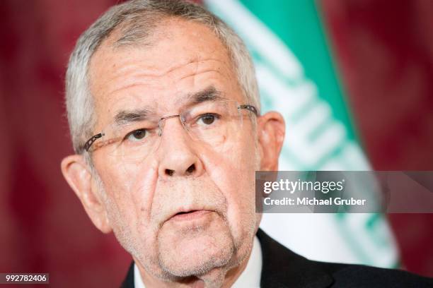 Austrian President Alexander van der Bellen and Iranian President Hassan Rouhani give a joint press statement at Hofburg Palace on July 4, 2018 in...