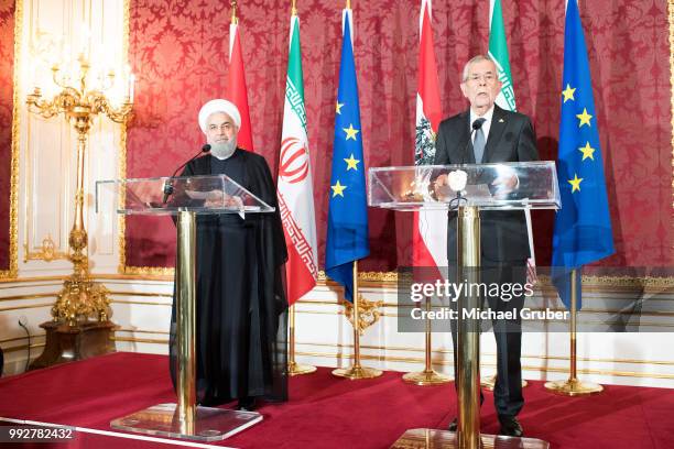 Austrian President Alexander van der Bellen and Iranian President Hassan Rouhani give a joint press statement at Hofburg Palace on July 4, 2018 in...