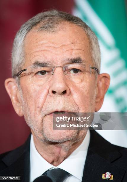 Austrian President Alexander van der Bellen and Iranian President Hassan Rouhani give a joint press statement at Hofburg Palace on July 4, 2018 in...