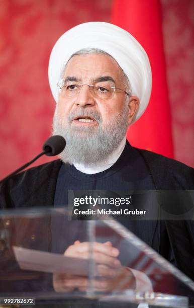 Austrian President Alexander van der Bellen and Iranian President Hassan Rouhani give a joint press statement at Hofburg Palace on July 4, 2018 in...