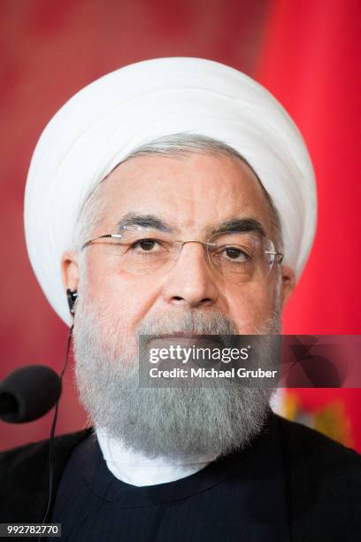 Austrian President Alexander van der Bellen and Iranian President Hassan Rouhani give a joint press statement at Hofburg Palace on July 4, 2018 in...