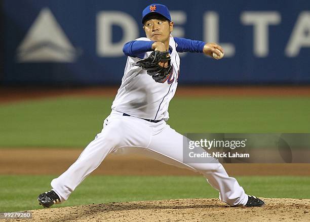 Hisanori Takahashi of the New York Mets pitches against the Washington Nationals at Citi Field on May 11, 2010 in the Flushing neighborhood of the...