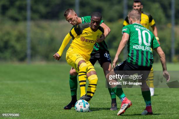 Rene Klingenburg of Preussen Muenster and Denzeil Boadu of Dortmund U23 battle for the ball during the Friendly match between Borussia Dortmund U23...