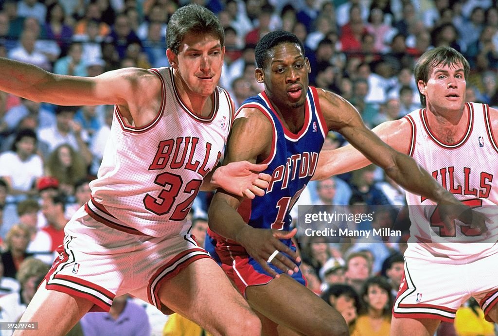 Detroit Rodman Detroit Pistons Dennis Rodman in action, boxing out vs Chicago Bulls ...