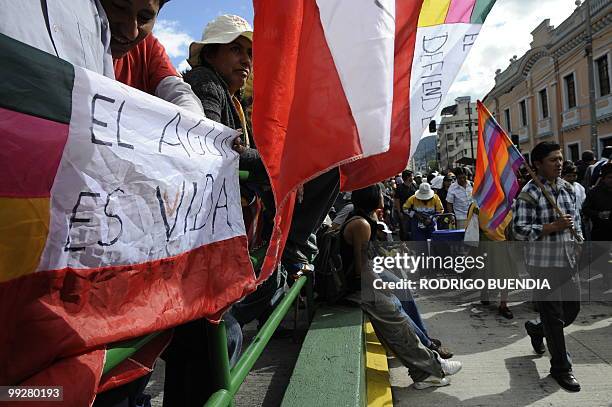 Group of indigenous people demonstrate near the National Assembly headquarters against a proposed water privatization measure that could impact the...