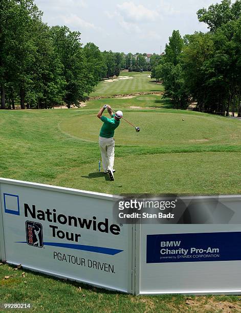 Tyler Aldridge hits from the tenth tee box during the first round of the BMW Charity Pro-Am at the Thornblade Club held on May 13, 2010 in Greer,...
