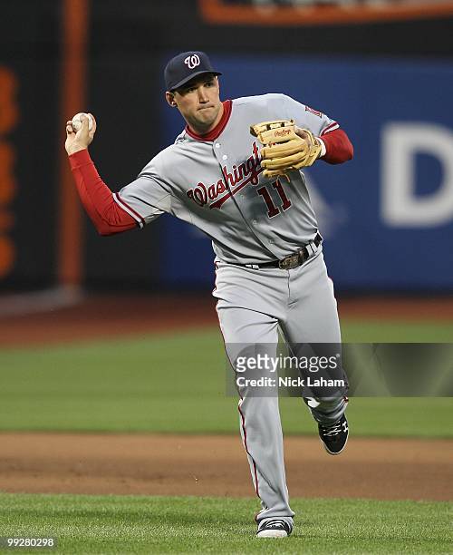 Ryan Zimmerman of the Washington Nationals throws to first against the New York Mets at Citi Field on May 11, 2010 in the Flushing neighborhood of...