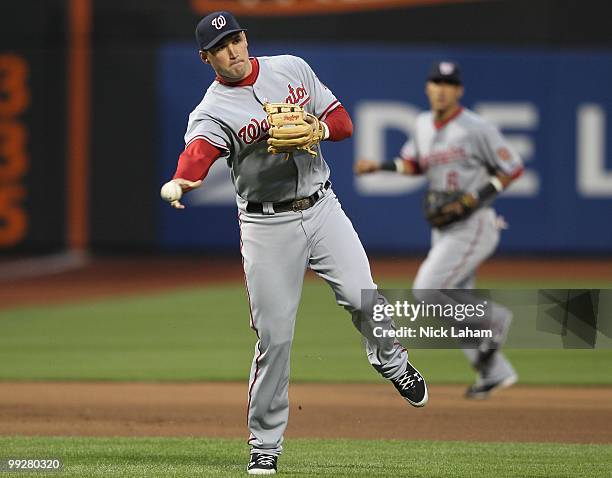 Ryan Zimmerman of the Washington Nationals throws to first against the New York Mets at Citi Field on May 11, 2010 in the Flushing neighborhood of...