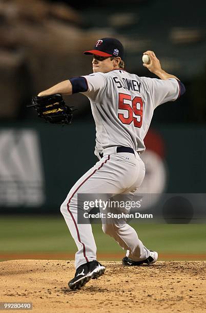 Kevin Slowey of the Minnesota Twins throws a pitch against the Los Angeles Angels of Anaheim on April 8, 2010 at Angel Stadium in Anaheim, California.