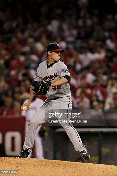 Kevin Slowey of the Minnesota Twins throws a pitch against the Los Angeles Angels of Anaheim on April 8, 2010 at Angel Stadium in Anaheim, California.