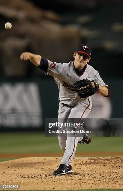 Kevin Slowey of the Minnesota Twins throws a pitch against the Los Angeles Angels of Anaheim on April 8, 2010 at Angel Stadium in Anaheim, California.