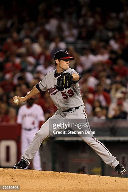 Kevin Slowey of the Minnesota Twins throws a pitch against the Los Angeles Angels of Anaheim on April 8, 2010 at Angel Stadium in Anaheim, California.