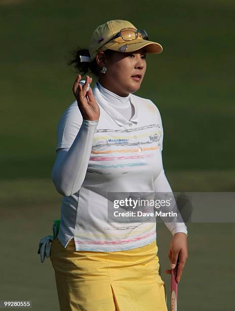 Jee Young Lee of South Korea waves after making a birdie on the ninth hole during first round play in Bell Micro LPGA Classic at the Magnolia Grove...