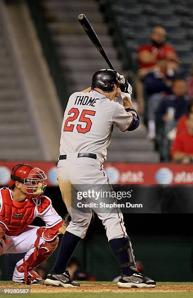 Jim Thome of the Minnesota Twins bats against the Los Angeles Angels of Anaheim on April 8, 2010 at Angel Stadium in Anaheim, California.