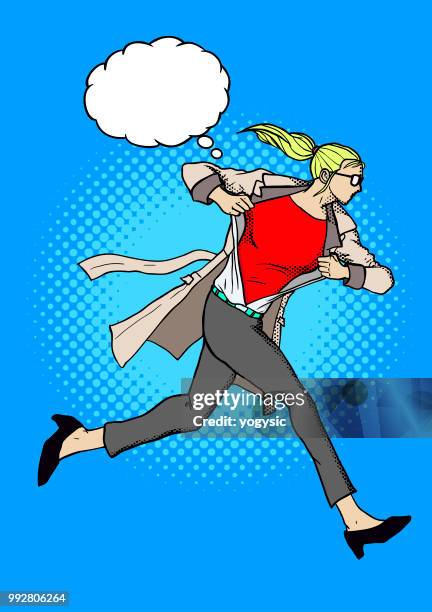 ilustraciones, imágenes clip art, dibujos animados e iconos de stock de vector ilustración de estilo retro comic book de una transformación de mujer en superhéroe - rasgar ropa