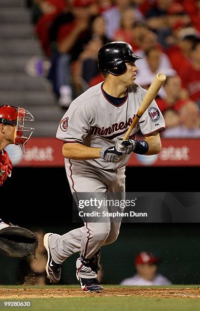 Joe Mauer of the Minnesota Twins bats against the Los Angeles Angels of Anaheim on April 8, 2010 at Angel Stadium in Anaheim, California. The Twins...