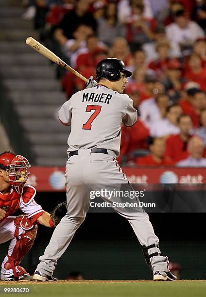 Joe Mauer of the Minnesota Twins bats against the Los Angeles Angels of Anaheim on April 8, 2010 at Angel Stadium in Anaheim, California. The Twins...
