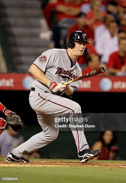 Justin Morneau of the Minnesota Twins bats against the Los Angeles Angels of Anaheim on April 8, 2010 at Angel Stadium in Anaheim, California. The...