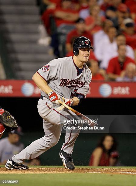 Justin Morneau of the Minnesota Twins bats against the Los Angeles Angels of Anaheim on April 8, 2010 at Angel Stadium in Anaheim, California. The...