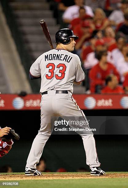 Justin Morneau of the Minnesota Twins bats against the Los Angeles Angels of Anaheim on April 8, 2010 at Angel Stadium in Anaheim, California. The...