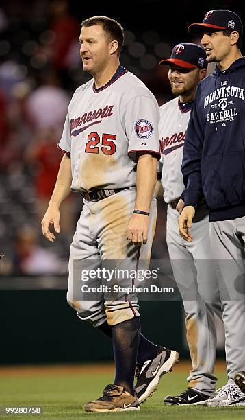 Jim Thome of the Minnesota Twins celebrates after the game against the Los Angeles Angels of Anaheim on April 8, 2010 at Angel Stadium in Anaheim,...