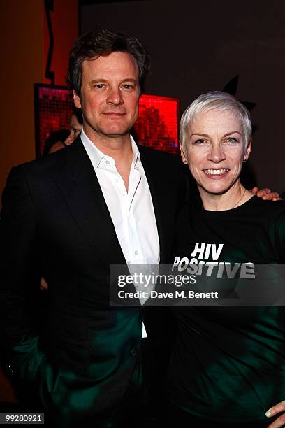 Colin Firth and Annie Lennox attend the Oxfam Curiosity Shop launch at Selfridges on May 13, 2010 in London, England.