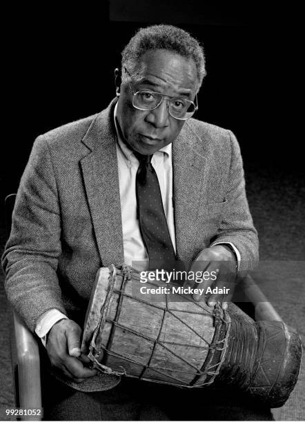 Author Alex Haley poses with ancient african drum at the Turnbull Conference Center on the campus of Florida State University in 1985 in Tallahassee,...