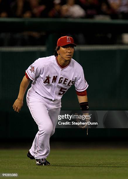 Hideki Matsui of the Los Angeles Angels of Anaheim plays in left field against the Minnesota Twins on April 8, 2010 at Angel Stadium in Anaheim,...