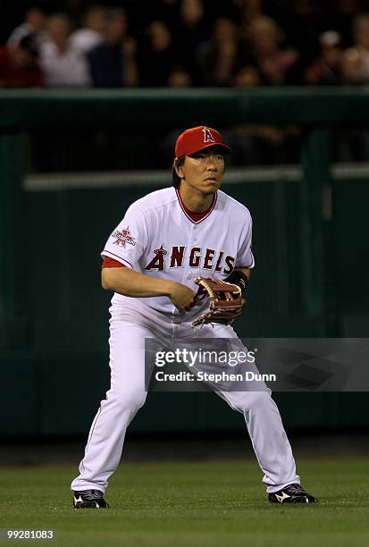 Hideki Matsui of the Los Angeles Angels of Anaheim plays in left field against the Minnesota Twins on April 8, 2010 at Angel Stadium in Anaheim,...